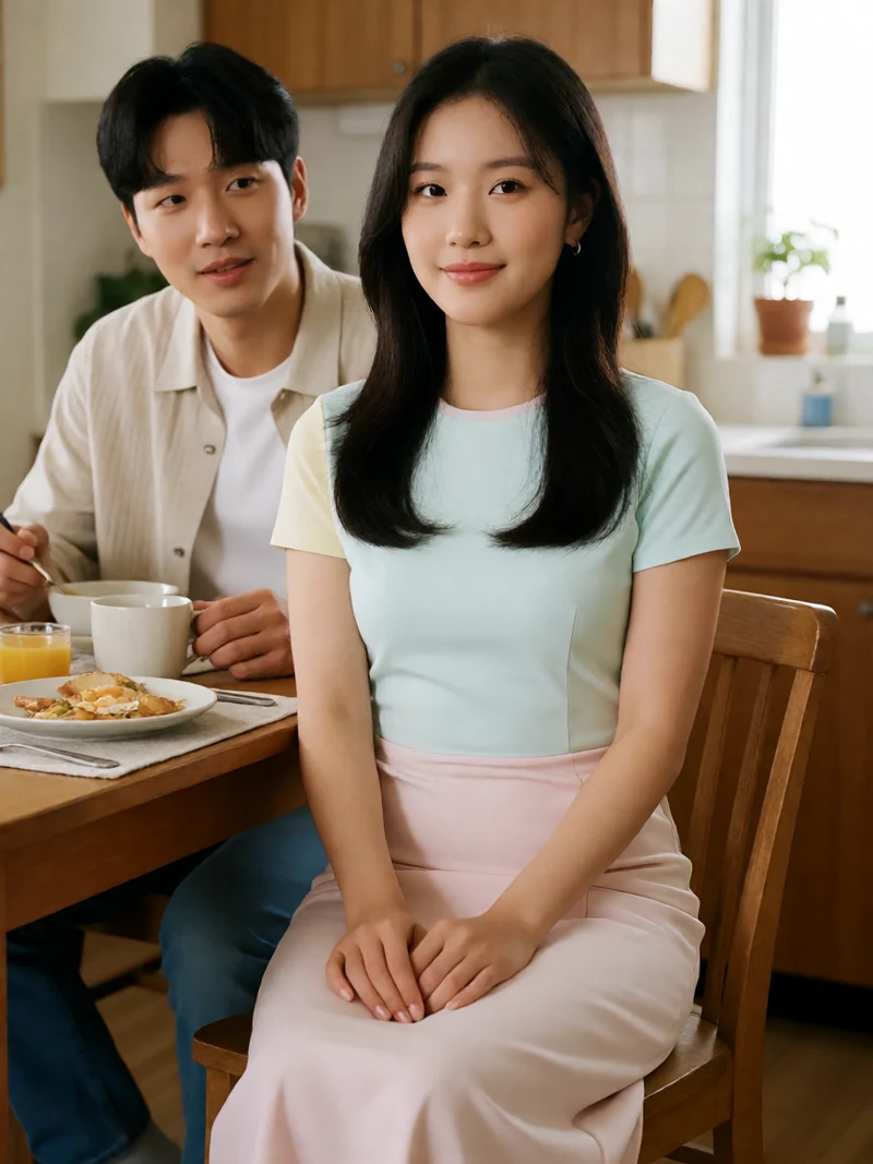 虚构成年情侣穿日常服装坐在暖光公寓餐桌旁交谈