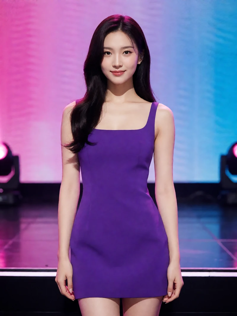 虚构成年女主播穿紫色不透明舞台短裙在灯光下居中表演