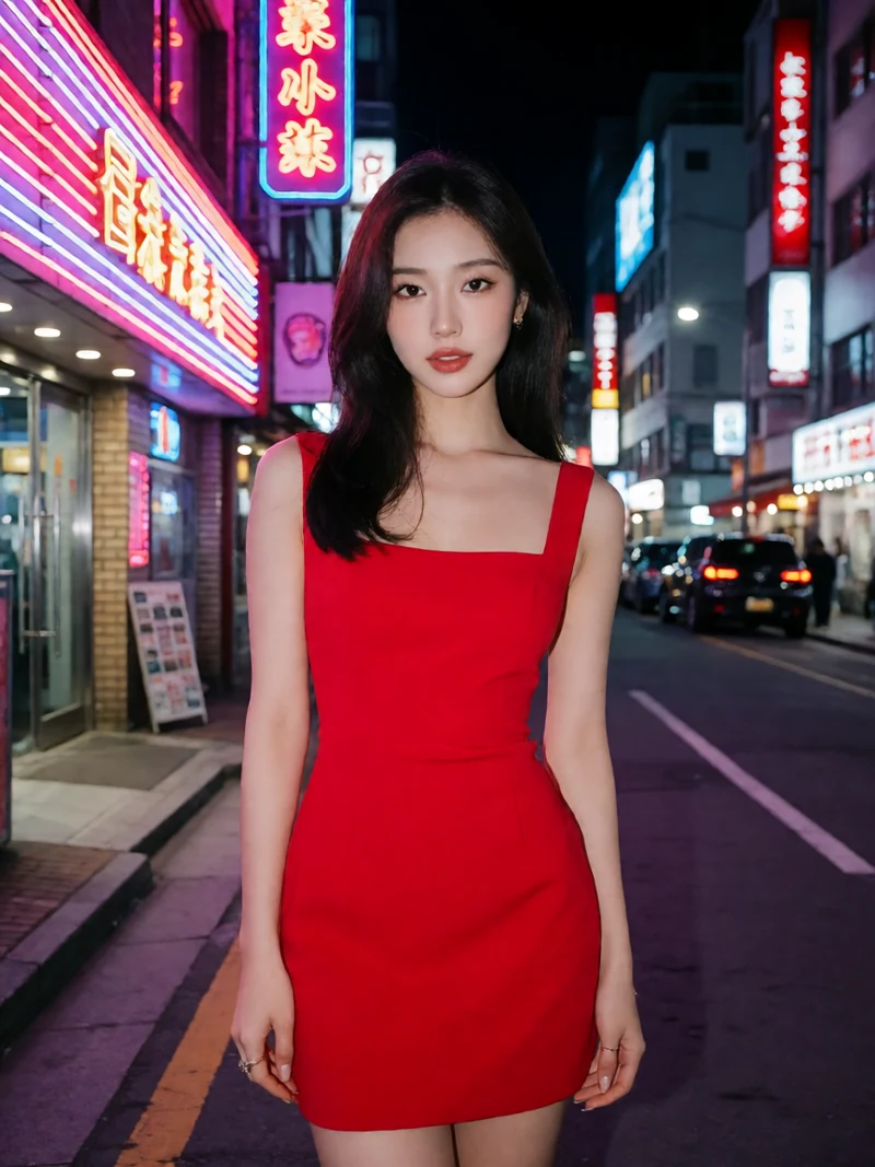 虚构成年网红穿亮色不透明短裙在都市夜景街头展示造型