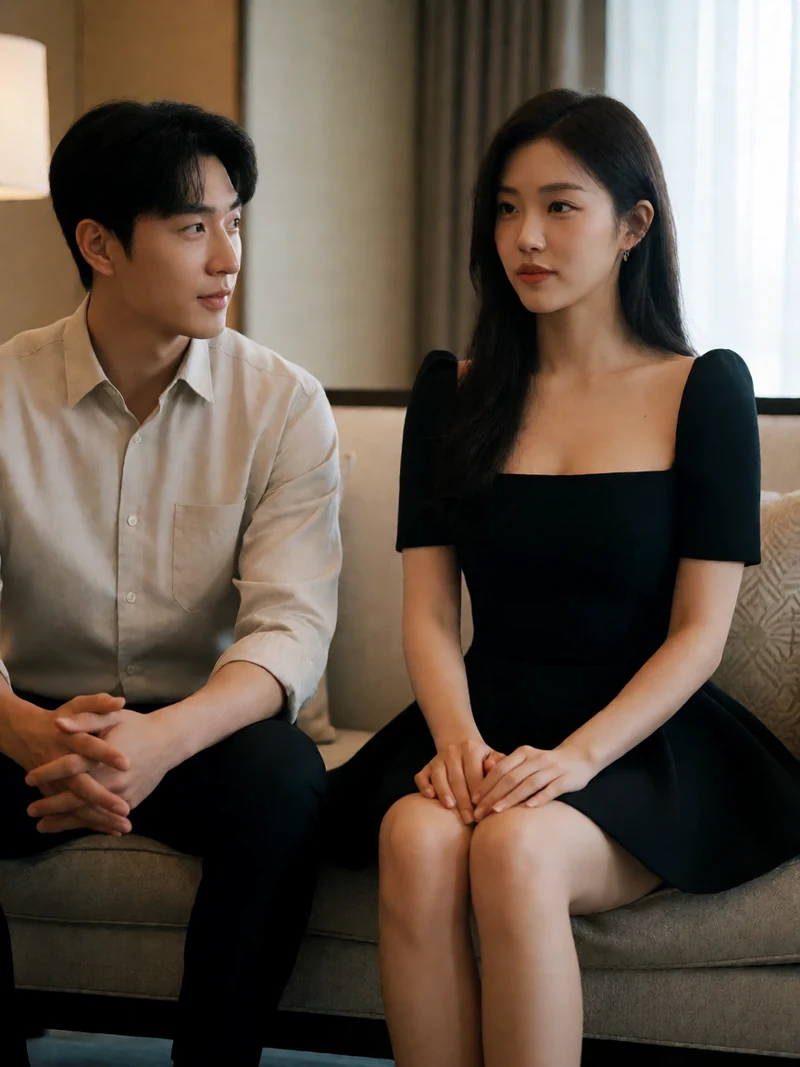 虚构成年女性穿黑色不透明短裙坐在酒店会客区与虚构成年男子交谈